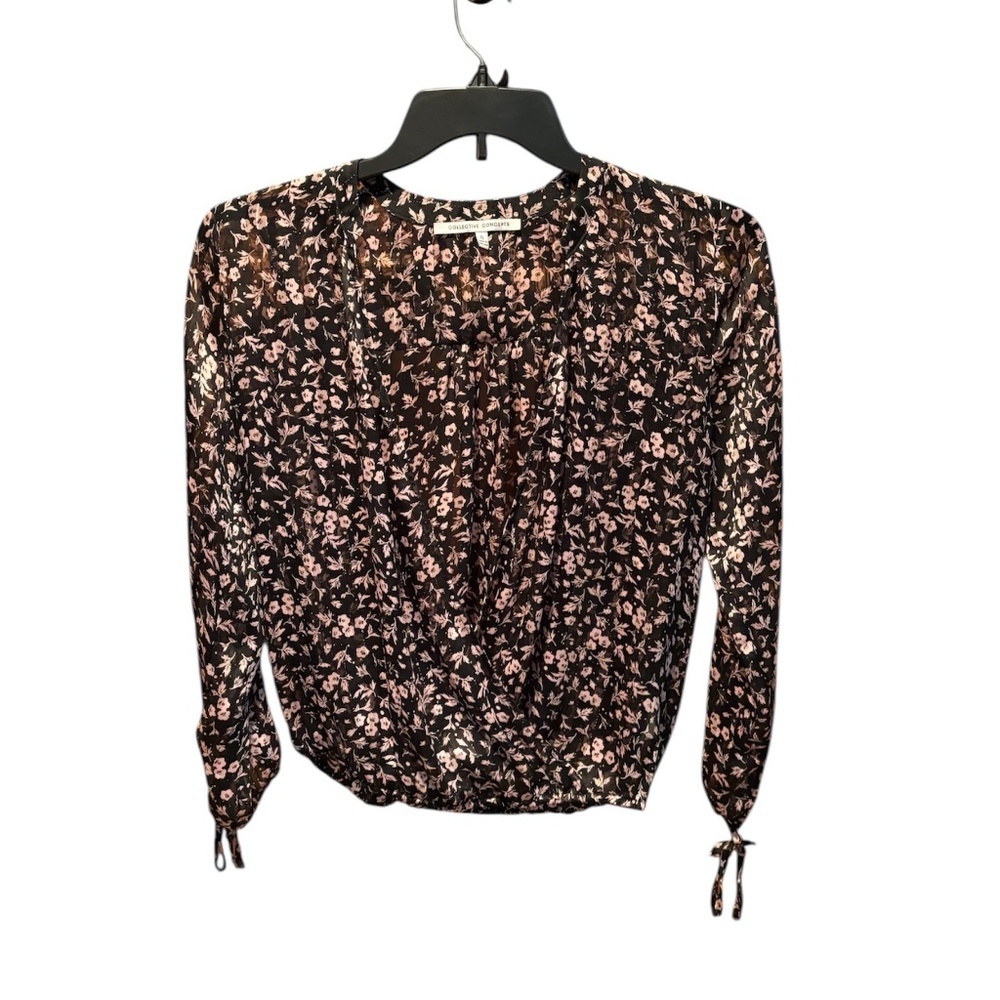 Collective Concepts Surplice Neckline Floral Semi Sheer Blouse Black Small